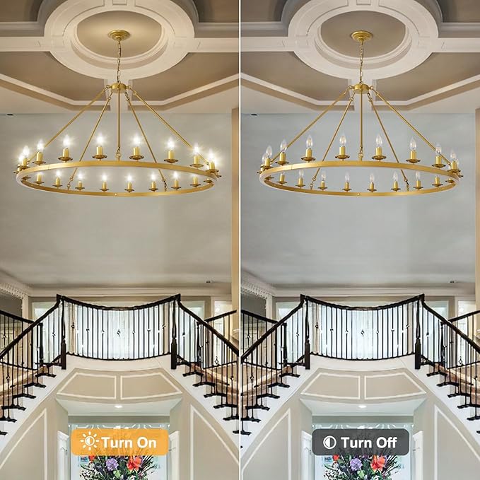 48" Gold Wagon Wheel Chandelier, 20 Light Farmhouse Large Brass Chandelier Round Modern Rustic Industrial Adjustable Height for High Ceiling Living Room, Entryways, Foyer, Dining Room