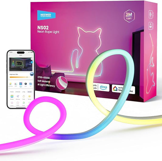 NEEWER 9.84ft/3m LED Strip Lights, Smart AI RGB Flexible Cuttable Neon Rope Light with App Control for Bedroom Gaming Room Indoor Studio Classroom Home Wall Outdoor Outside Waterproof Decor, NS02