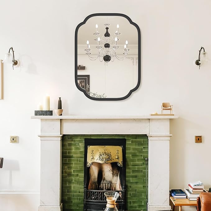 Black Bathroom Mirror for Wall, 18" x 24" Rectangular Wall Mirror for Bathroom Metal Frame Farmhouse Rounded Corner Wall Mirror (Horizontal/Vertical)