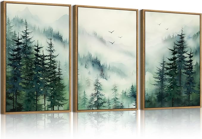 Anyzal Large Foggy Forest Wall Art Decor Framed Abstract Misty Mountain Artwork Prints for Living Room Bedroom Office 16x24 Inch Set of 3