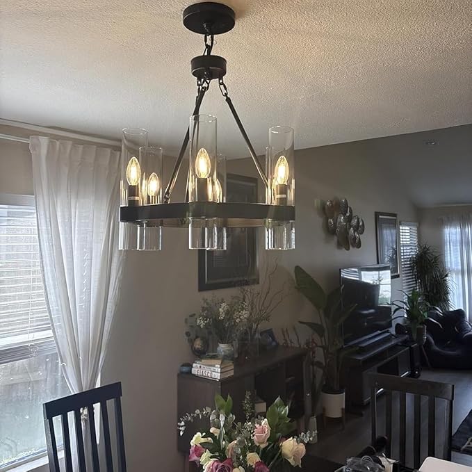 20 Inch Black Wagon Wheel Chandelier, Industrial Chandeliers with Glass Shade, 6-Light Large Round Chandelier, Farmhouse Chandeliers for Dining Room, Living Room, Bedroom and Entryway