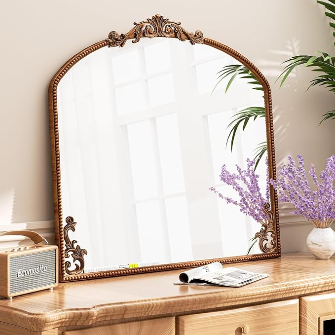 Arched Gold Wall Mirror, 36"X30" Antiqued Baroque Brass Fireplace Mirror Decor, Victorian Vintage Mirror with Metal Frame&Art Carved, for Entryway/Bedroom/Bathroom/Mantle/Hallway