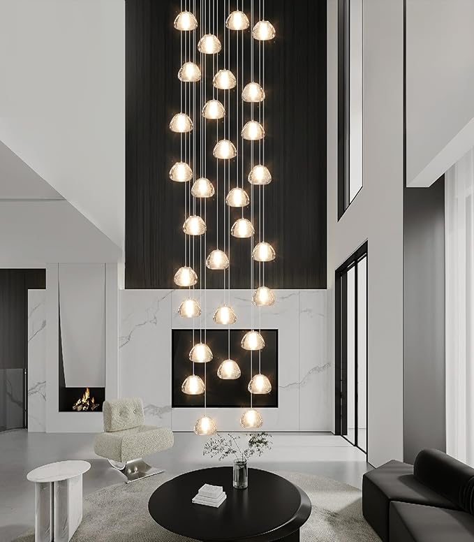 30-Lights Modern Chandeliers for High Ceiling Large Crystal Chandeliers LED Long Handing Light Fixture for Entrance Hallway Foyer Staircase 3000K