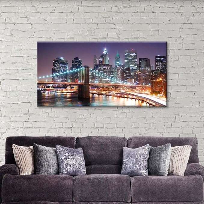 NAN Wind 1PCS New York City Skyline Canvas Wall Art Brooklyn Bridge at Sunset Golden Hour Manhattan Cityscape Pictures Canvas Artwork East River Reflection Modern Urban Home Decor Living Room Office