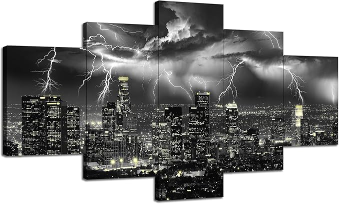 Cawpom Wall Art Los Angeles Black and White Wall Decor Lightning Storm Pictures Frame Storm Cityscape Canvas Print Natural Landscape Painting Poster Home Living Room Decoration(60x32 inches)