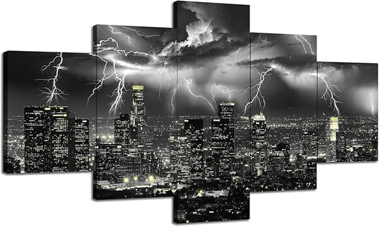 Cawpom Wall Art Los Angeles Black and White Wall Decor Lightning Storm Pictures Frame Storm Cityscape Canvas Print Natural Landscape Painting Poster Home Living Room Decoration(60x32 inches)