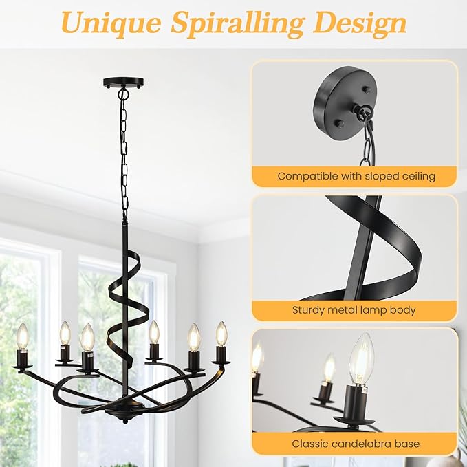 Black Chandelier, 6-Light Farmhouse Chandeliers for Dining Room, Rustic Kitchen Island Lighting, Modern Chandelier for Living Room, Hanging Pendant Lights for Bedroom, Foyer, Staircase, Entry