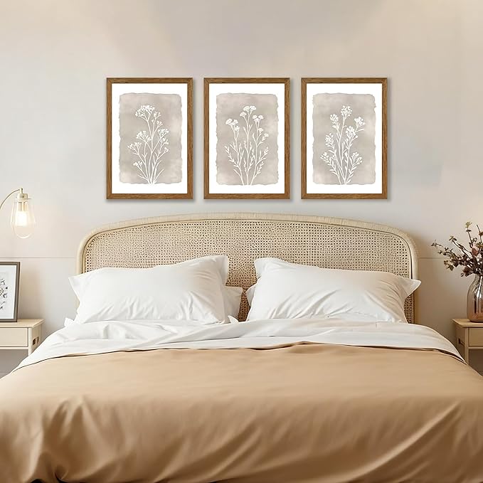 JLTULT 3 Piece Boho Beige Floral Wall Art, Minimalist Line Botanical Flower Wall Decor, Vintage Rustic Wildflower Art Prints for Living Room Bedroom Office Farmhouse decoration 16x24 in Ready to Hang