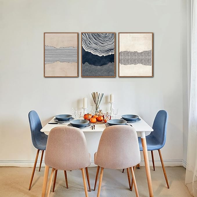 LHIUEM Coastal Chic Decor Blue Abstract Shapes Framed Canvas Wall Art Set of 3(12”X16”)Modern Tree Rings Wall Decoration Fireplace Grey Blue Decor Navy Blue Beige Brown Canvas Wall Art for Home Office