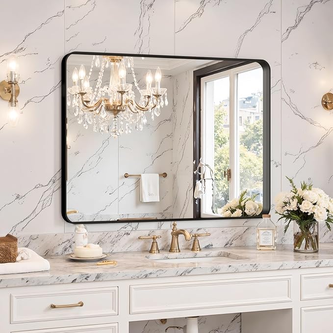Kosmonia 32x24 Bathroom Vanity Mirror for Wall, Aluminum Framed, Farmhouse Rectangle, Anti-Rust, HD Reflection Anti-Desilvering, Distortion Free, Tempered and Shatter-Proof Wall Mounted Mirror, Black