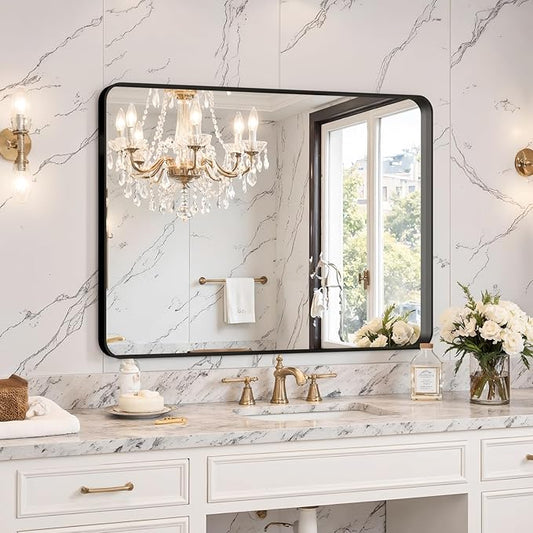 Kosmonia 32x24 Bathroom Vanity Mirror for Wall, Aluminum Framed, Farmhouse Rectangle, Anti-Rust, HD Reflection Anti-Desilvering, Distortion Free, Tempered and Shatter-Proof Wall Mounted Mirror, Black