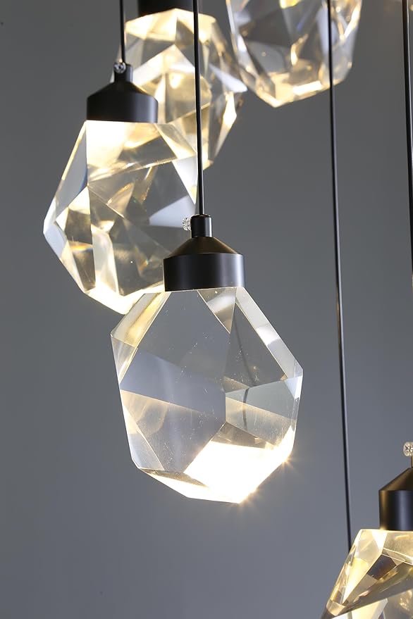 5-Light Cluster Crystal Raindrop Pendant Lights- 25W Black LED Dimmable Hanging Light Fixture Chandelier for Kitchen Island, Dining Room Living Room