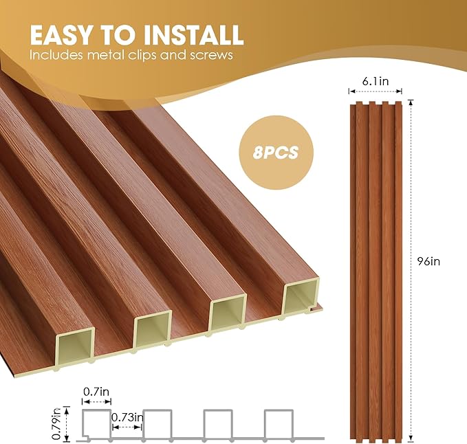 OUZUGIE WPC Acoustic Slat Wall Paneling, 8-Pack 96 x 6 Inches 3D Wall Panels for Interior Wall Decor,Living Room,TV Background,Study Room,Office Spaces,Bedroom,High Grille (Teak)