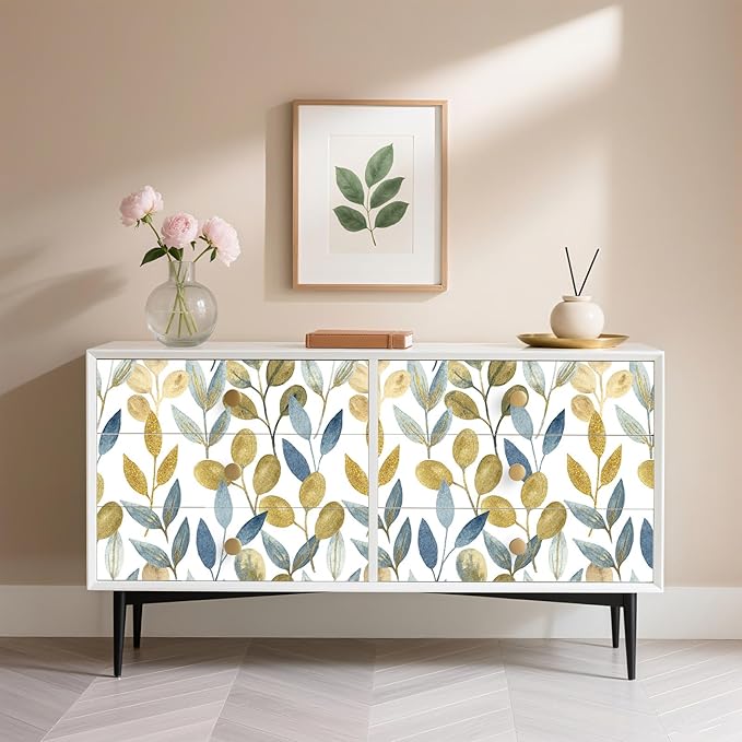 Blue Gold Leaf Peel and Stick Wallpaper Modern Self Adhesive Contact Paper Waterproof Removable Wall Paper for Bathroom Cabinets and Drawers 17.7"x212.6" Luxury Decorative Wallpaper