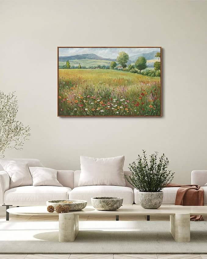 KISSFOX Vintage Landscape Canvas Wall Art Spring Farmhouse Colorful Wildflower Field Framed Wall Art Natural Countryside Cottagecore Paintings Artwork Rustic Art Prints For Bedroom Living Room