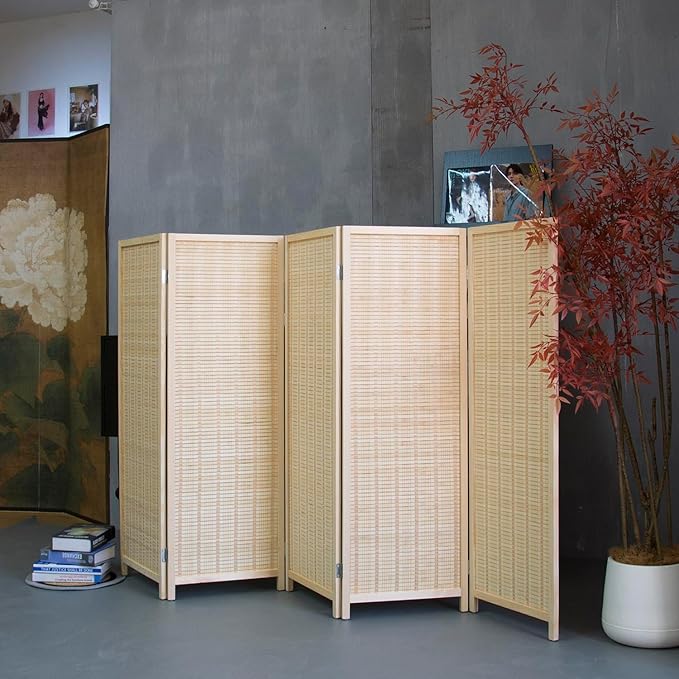 5 Panel Room Divider Short Folding Screen Divider,Double Sided Bamboo Panel Divider for Room Separation,Beige,47.2" H x 76.75" W