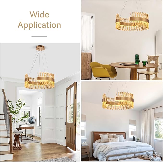 Modern Gold Chandeliers, 24" LED Dining Room Light 60W Dimmable Luxury Crystal Round Chandelier for Kitchen Island Bedroom Foyer Entryway Living Room, Brass