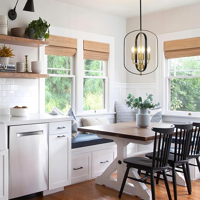 4-Light Black and Gold Chandeliers Modern Farmhouse Pendant Lights Kitchen Island Adjustable Height Small Entryway Chandelier for Dining Room Living Room Bedroom Foyer E12 Base