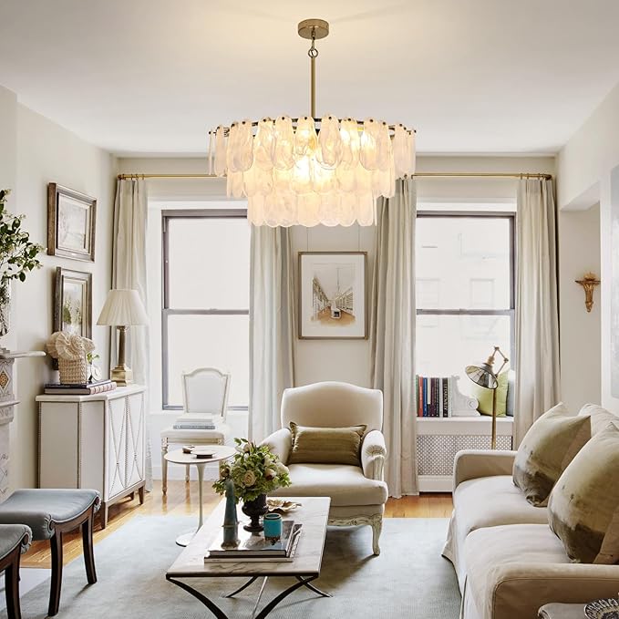 Modern Large Gold Glass Chandeliers, 12-Light Luxury Cloud Pendant Light Fixture, 31.5 inch Round Ceiling Hanging Light Fixture for Living Room Bedroom Dining Room Kitchen Foyer Staircase Offices