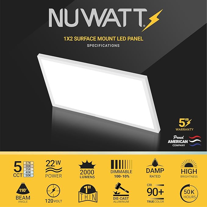 NUWATT 1x2 FT LED Flat Panel, 5CCT 2700K/3000K/3500K/4000K/5000K Selectable, 2000LM, 22W, Internal Driver, Dimmable, 120V, CRI90, 1 x 2 Surface Mount Panel, 12x24 Flush Mount LED Light, 1" Inch Thin