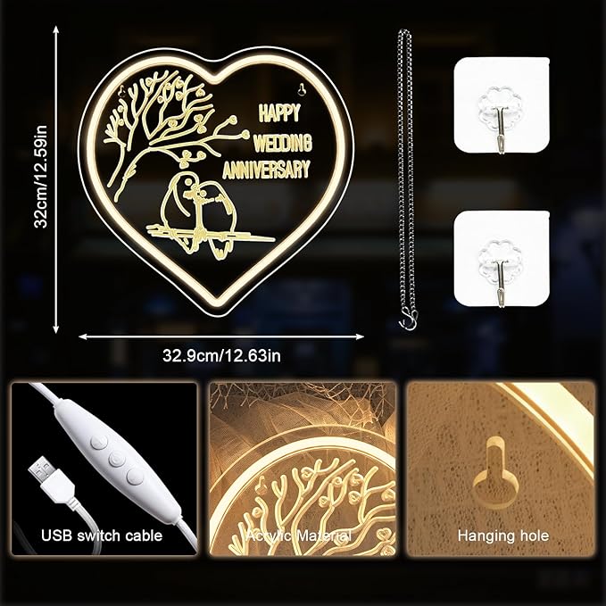 Lucunstar Wedding Neon Sign Happy Anniversary LED Sign for Wall Decor Warm White LED Light Love Signs Heart Decor in Wedding Party Bedroom Home Live Room Love Gifts for Couple in Anniversary Party