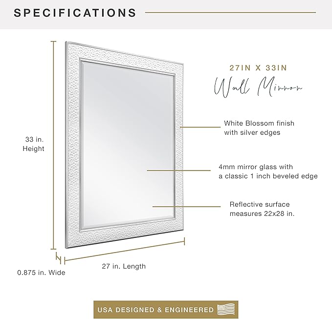 MCS Nordic Blossom Large Wall Mirror, Modern Rectangle Mirror Home Decor for Living Room, Bedroom, or Bathroom, 27 by 33 Inch, White