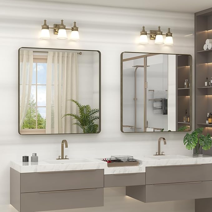 36x36 Square Bathroom Framed Mirror for Wall, Brushed Bronze Metal Bathroom Vanity Mirror, Rounded Rectangle Mirror, Anti-Rust, Tempered Shatterproof (Horizontal/Vertical)