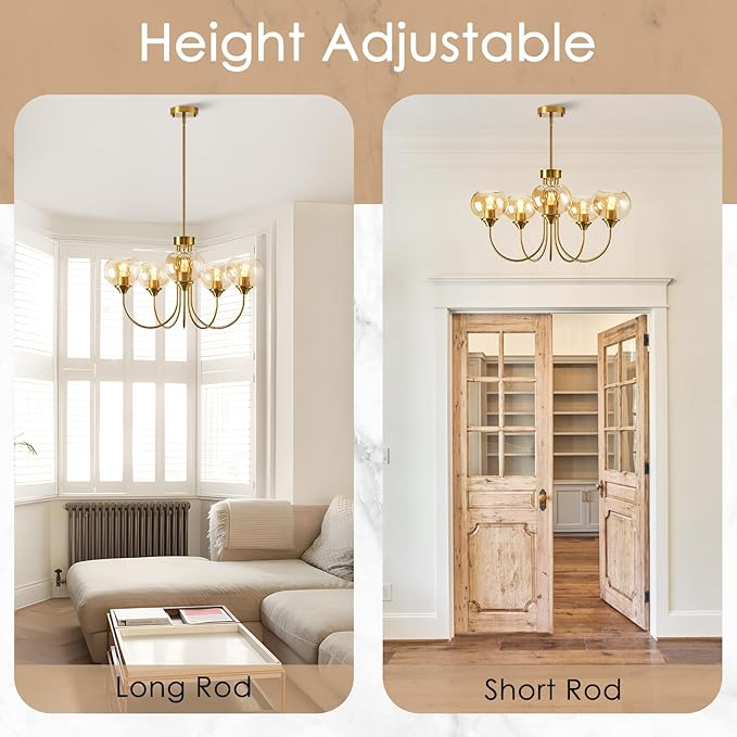 Mid Century Modern Globe Chandelier 5 Light Amber Glass Vintage Sputnik Chandeliers Gold Pendant Light Fixtures for Dining Room Kitchen Living Room Bedroom