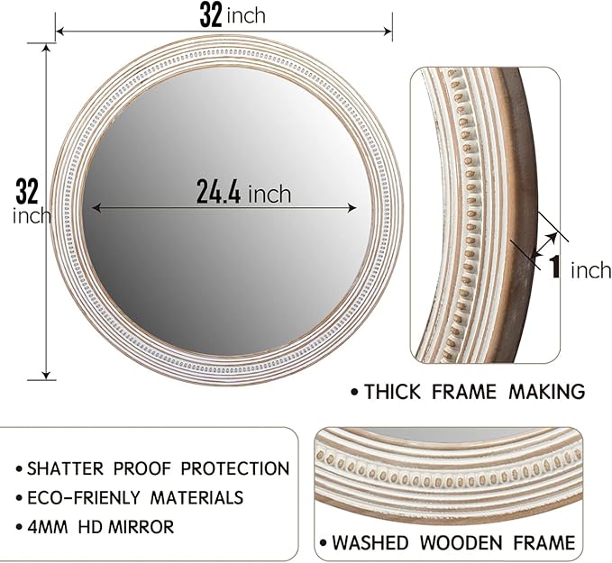 32 Inches Farmhouse Round Wood Mirrors for Wall Decor, Rustic Decorative Circle Mirror for Bathroom, Living Room, Foyer, Entryway