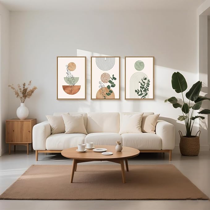Boho Terracotta Green Framed Canvas Wall Art Set, Abstract Bohemian Wall Decor, Mid Century Modern Geometric Wall Painting, Neutral Botanical Art Print Living Room, Bedroom, Office 16"x24"x3