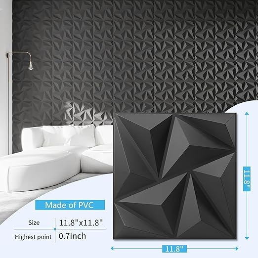 Art3d 3D Wall Panels 100 Pack, 11.8" x 11.8" (97 Sq.ft) PVC Wall Panels - Glue Up Panels Wall Decor for Living Room, Bedroom, Office, Black
