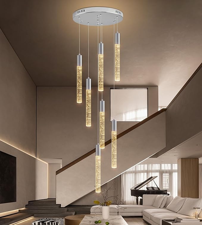 7-Lights High Ceiling Crystal Chandelier, Modern LED Raindrop Pendant Light Fixture 60" H Flush Mount Chandelier Chrome for Foyer Staircase Living Room