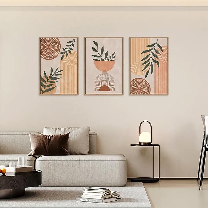 CHDITB Framed Boho Wall Art Set of 3, 16"x24" Mid Century Modern Wall Decor, Bohemian Sun Geometric Painting, Large Abstract Canvas Art Print for Living Room, Bedroom, Dining Room, Office, Bathroom