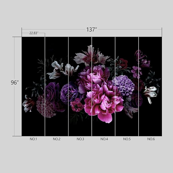Black Peony Floral Wallpaper Peel and Stick Wall Mural for Bedroom Living Room - 96"x137"