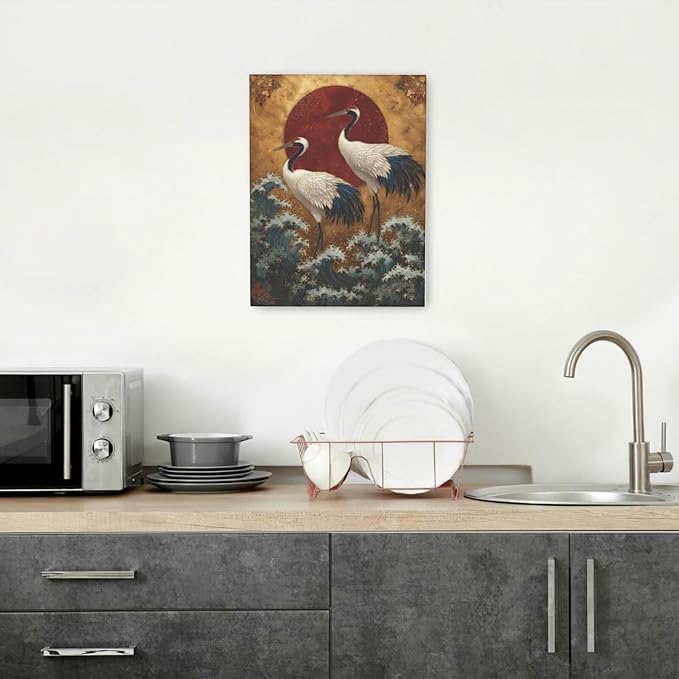 Japanese Crane Wall Art Gold Oriental Asian Wall Decor Sandhill Crane Canvas Pictures Paintings Prints Japan Traditional Aesthetic Artwork Framed Chinese Decorations For Bedroom Living Room Office Gifts 12" x 16"