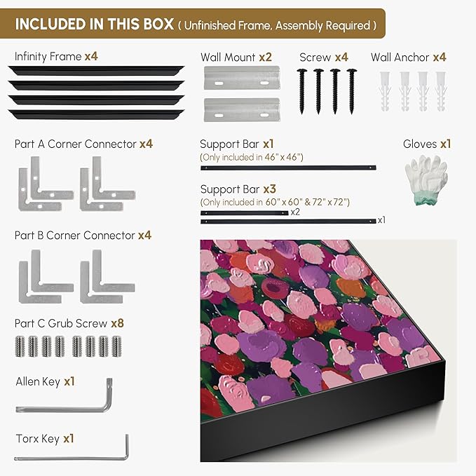 60"x60" XL Framed Wall Art Colorful Wildflower Garden Abstract Pink and Red Floral Field (Frame Assembly Required)