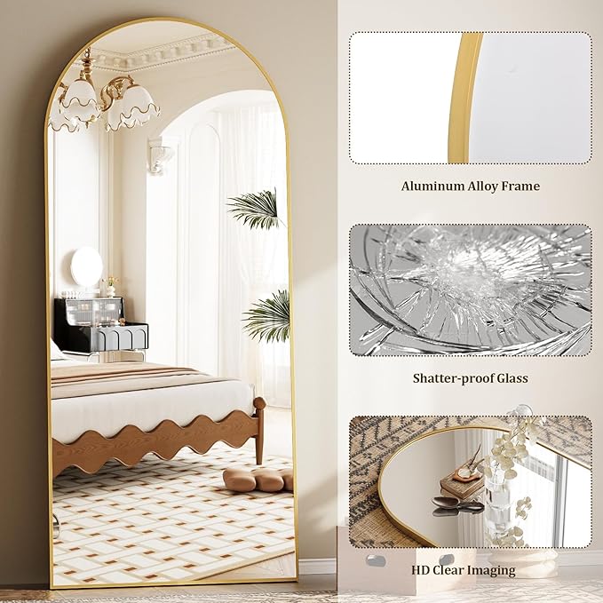 Arched Full Length Mirror, 81"x41" Large Floor Mirror with Stand, Oversized Full Body Mirrors for Leaning or Hanging, Wall Mounted Mirrors for Bedroom, Living Room,Dressing Room, Gold