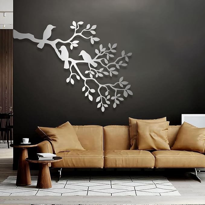 Metal Bird Wall Art, Birds on Branch, Metallic Branches, Metal Tree Branch Wall Art, Metal Wall Art Nature, Metal Wall Art, Metal Wall Decor for Living Room, Wall Hangings (47"x36" | 120x91 cm, Gold)