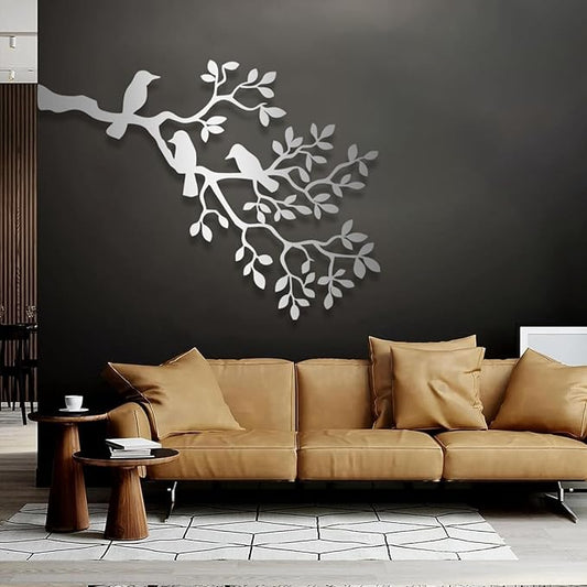 Metal Bird Wall Art, Birds on Branch, Metallic Branches, Metal Tree Branch Wall Art, Metal Wall Art Nature, Metal Wall Art, Metal Wall Decor for Living Room, Wall Hangings (24"x18" | 60x45.5 cm, Silver)