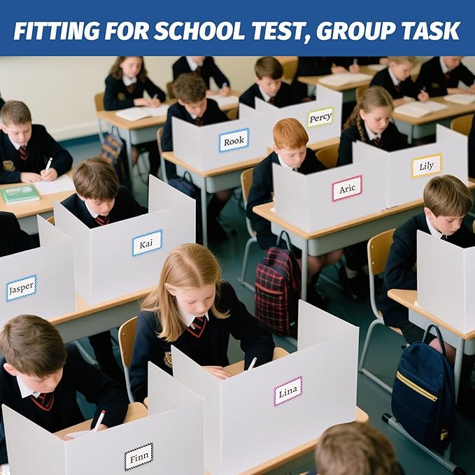 12 Pack Desk Dividers for Students,3-Fold Privacy Screens,Testing Dividers for Classroom Waterproof,Plastic Easy Clean Privacy Shields for Student Includes Extra Labels