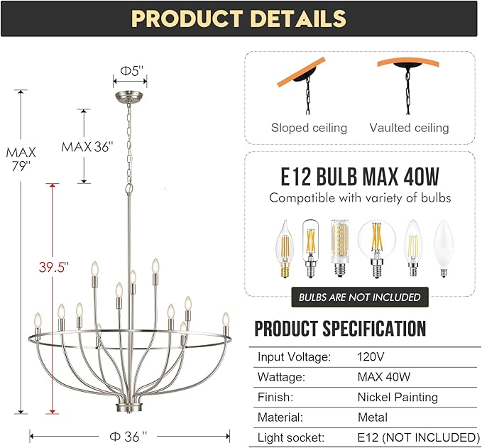 12 Light Brushed Nickel Chandelier, Large Chandeliers for High Ceilings, 36inch Metal Chrome Chandelier Light Fixture Metal Candle Chandelier with Long Chain for Dining Foyer Kitchen Bedroom