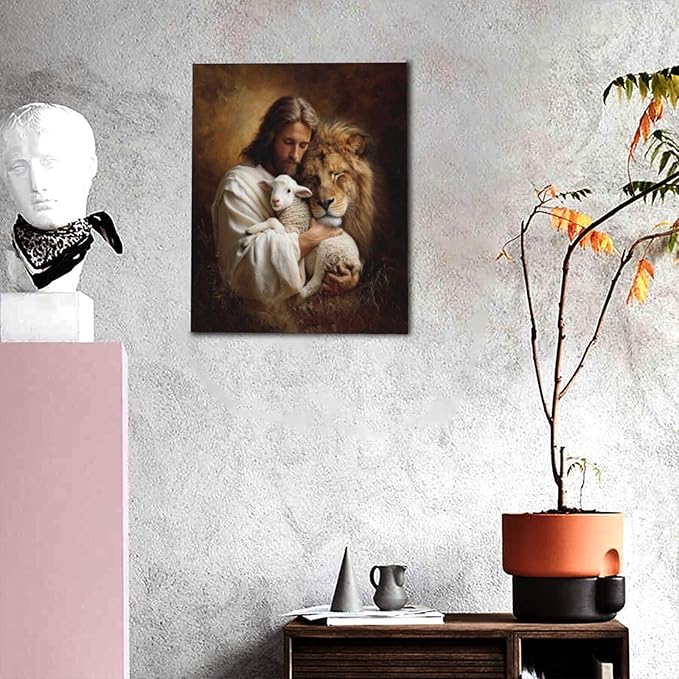 Jesus Lion Lamb Wall Art Christian Jesus Wall Decor Lion of Judah Pictures Religious God Canvas Painting Print Christ Artwork Decoration for Living Room Bedroom Church Framed Gifts 16”X20”