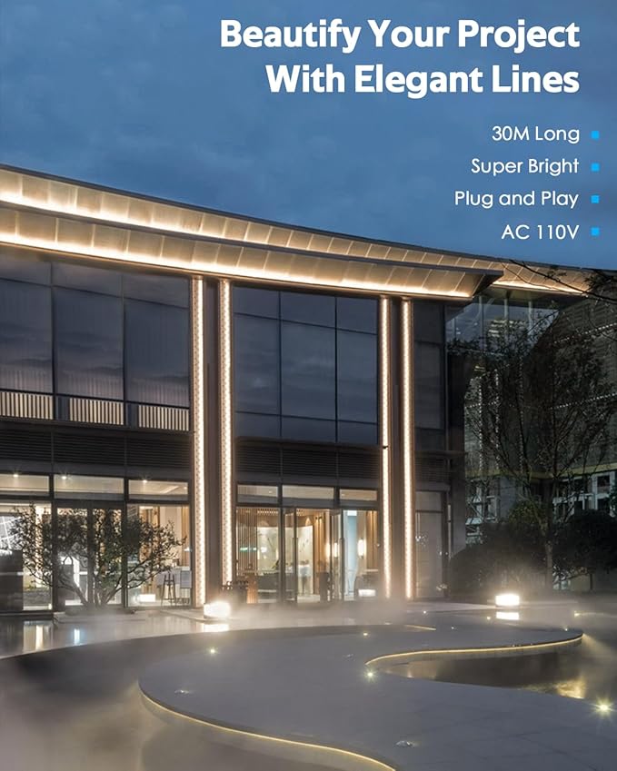 100FT COB Led Rope Lights Outdoor Led Strip Lights Waterproof AC 110V~120V Warm White 3000K Super Brightness Flex Cob Light for Garden Patio Building Commerical Dimmable with Remote Controller