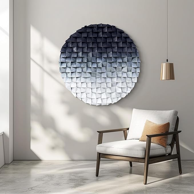 LIUZEYUE - 3D wooden block decoration painting art wall decoration 3D wooden background wall living room bedroom study (blue gray gradient) Diameter 23.6"