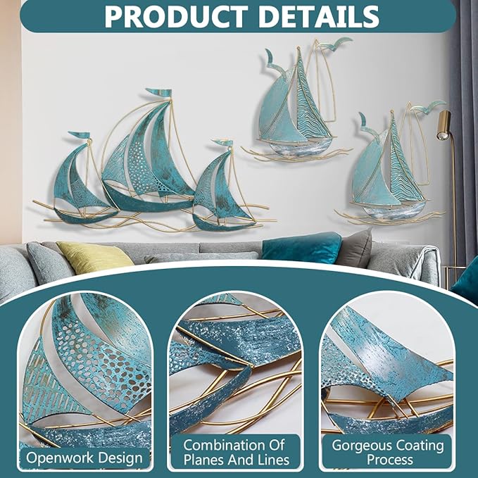 3 PCS Metal Wall Art, Large Metal Sailboat Wall Decor, Modern Home Wall Sculpture for Office, Bedroom, Living Room, Dining Room