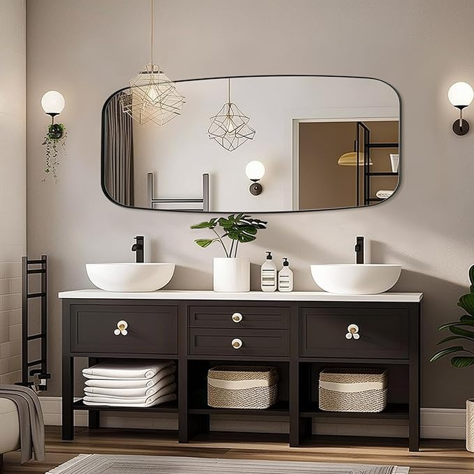 ANDY STAR 24x48 Black Bathroom Mirror, Oblong Vanity Mirror with Stainless Steel Metal Frame, Matte Black Oval Mirror for Over Sink, Modern Anti Rust Wall Mounted