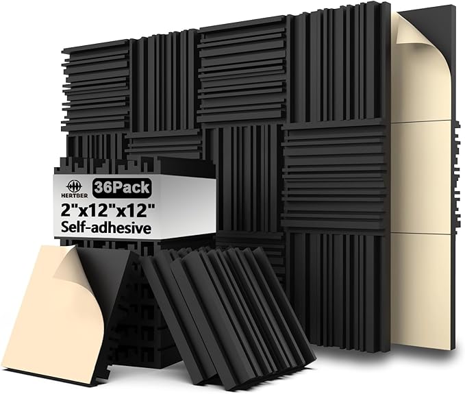 36 Pack Sound Proof Foam Panels for Walls, Self-adhesive Grooved Black Acoustic Panels, 12x12x2 Inches Soundproof Wall Panels, High Density Acoustic Wall Panels for Echoes Absorption