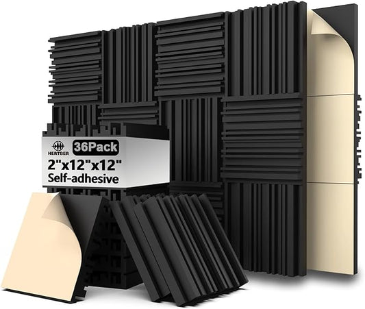 36 Pack Sound Proof Foam Panels for Walls, Self-adhesive Grooved Black Acoustic Panels, 12x12x2 Inches Soundproof Wall Panels, High Density Acoustic Wall Panels for Echoes Absorption