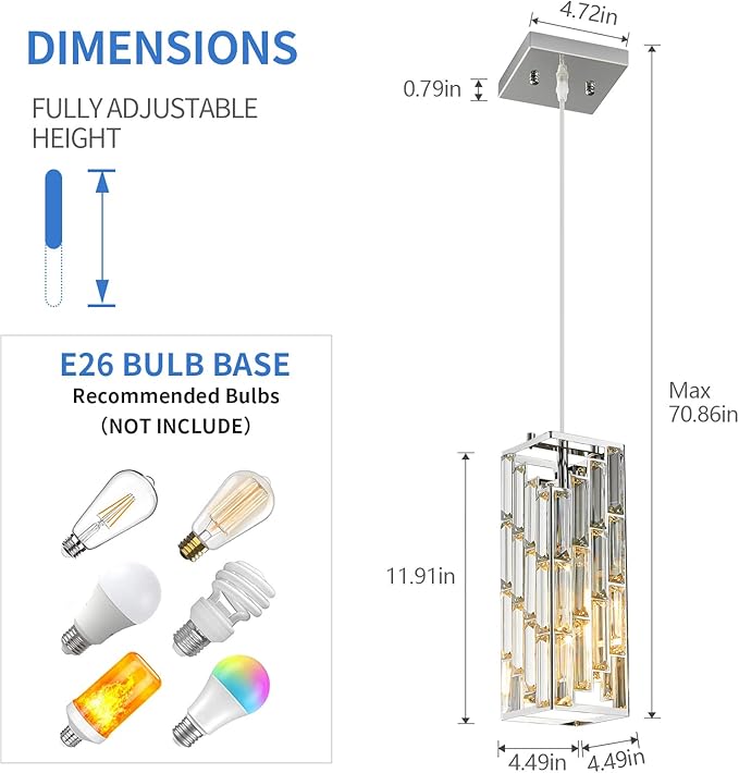 Chrome Pendant Lighting Modern Pendant Light, Mini Crystal Chandeliers,Adjustable Pendant Light Fixture for Kitchen Island Dinning Room Bedroom (3 Pack)