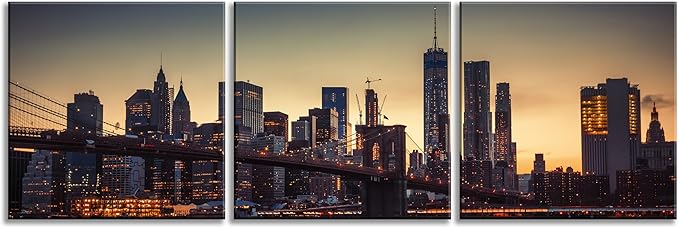 NAN Wind 3PCS Modern Urban Skyline Wall Art NYC-Inspired Twilight Cityscape Framed Canvas Prints Art Contemporary Manhattan Bridge Golden Sunset Skyscraper Canvas Pictures for Home Office Decor